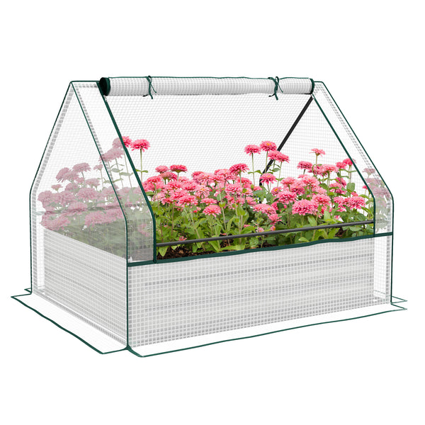 Supfirm Raised Garden Bed with Mini Greenhouse, Galvanized Outdoor Planter Box with Cover, for Herbs and Vegetables, Use for Patio, Garden, Balcony, White Cover and Silver Planter
