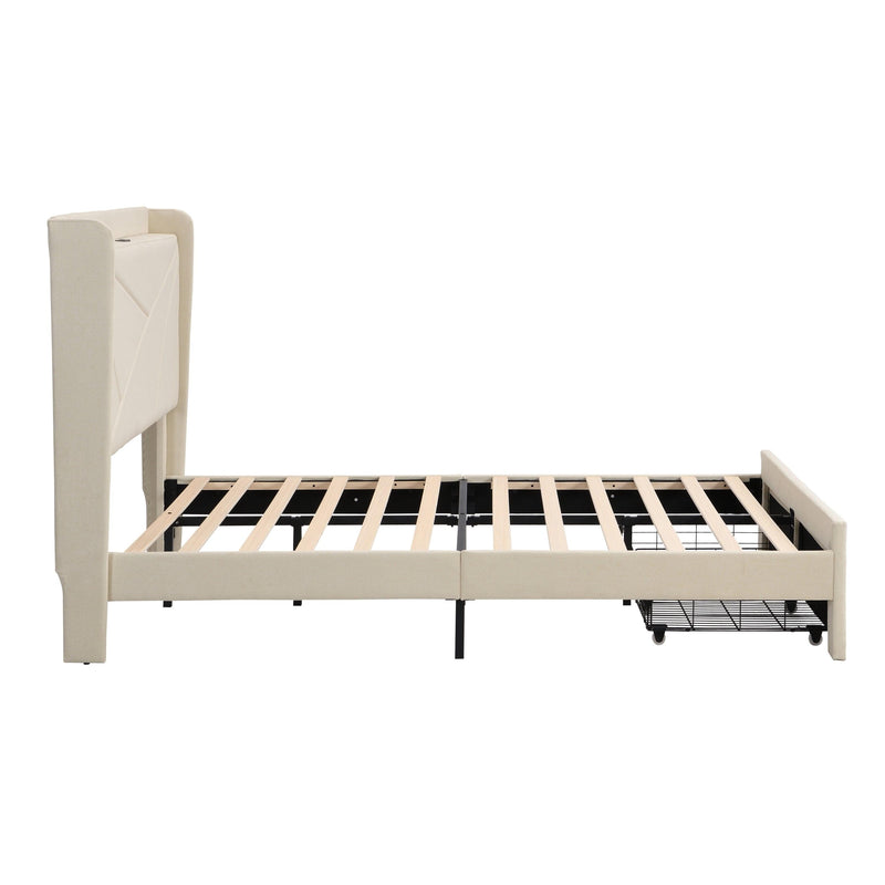 Queen Size Bed Frame with 2 Storage Drawers, Upholstered Bed Frame with Wingback Headboard Storage Shelf Built-in USB Charging Stations and Strong Wood Slats Support, No Box Spring Needed, Beige - Supfirm