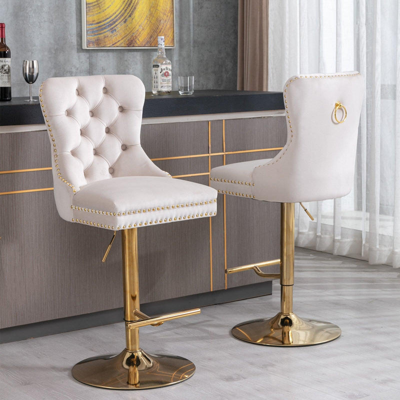 A&A Furniture,Thick Golden Swivel Velvet Barstools Adjusatble Seat Height from 27-35 Inch, Modern Upholstered Bar Stools with Backs Comfortable Tufted for Home Pub and Kitchen Island (Beige,Set of 2) - Supfirm