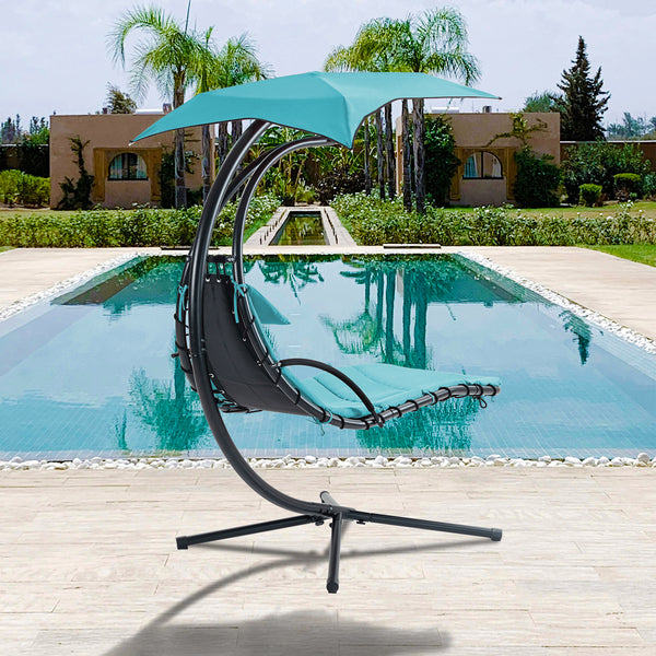 Supfirm Hanging Chaise Lounger with Removable Canopy, Outdoor Swing Chair with Built-in Pillow, Hanging Curved Chaise Lounge Chair Swing for Patio Porch Poolside, Hammock Chair with Stand (Blue)