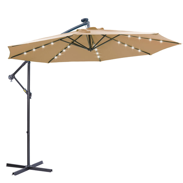 Supfirm 10 FT Solar LED Patio Outdoor Umbrella Hanging Cantilever Umbrella Offset Umbrella Easy Open Adustment with 32 LED Lights -taupe