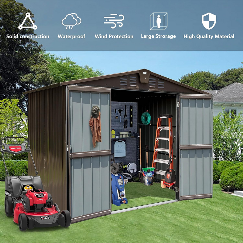 Supfirm Outdoor Storage Shed 8.2' x 6.2', Metal Steel Utility Tool Shed Storage House with Double Lockable Doors & Air Vents for Backyard Patio Garden Lawn Brown