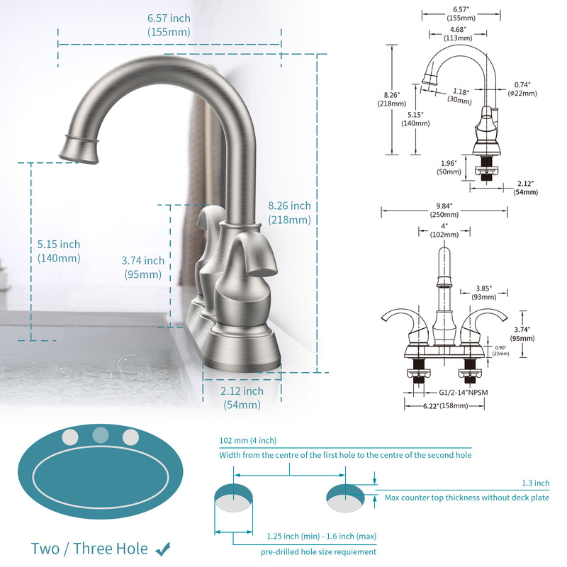 Supfirm Bathroom Faucet 2-Handle Brushed Nickel with 360 Degree Rotating Spout, Crescent Moon Style 4-inch Centerset Vanity Sink with Pop-Up Drain and Supply Hoses, FR4090-NP