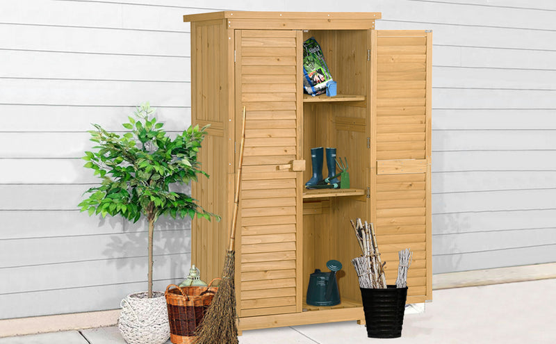 Supfirm TOPMAX Wooden Garden Shed 3-tier Patio Storage Cabinet Outdoor Organizer Wooden Lockers with Fir Wood (Natural Wood Color -Shutter Design)