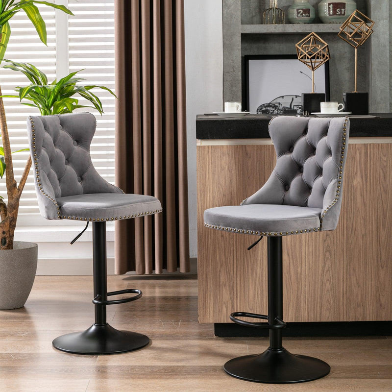 A&A Furniture,Swivel Velvet Barstools Adjusatble Seat Height from 25-33 Inch,17.7 inch base, Modern Upholstered Bar Stools with Backs Comfortable Tufted for Home Pub and Kitchen Island,Gray,Set of 2 - Supfirm