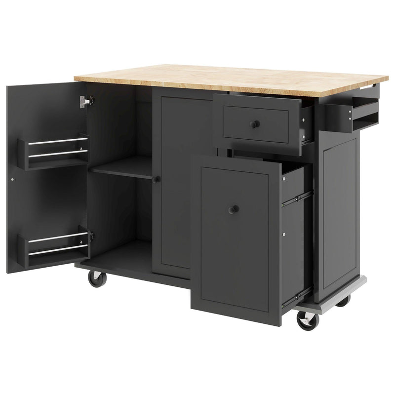 Kitchen Island with Drop Leaf, 53.9" Width Rolling Kitchen Cart on Wheels with Internal Storage Rack and 3 Tier Pull Out Cabinet Organizer, Kitchen Storage Cart with Spice Rack, Towel Rack (Black) - Supfirm