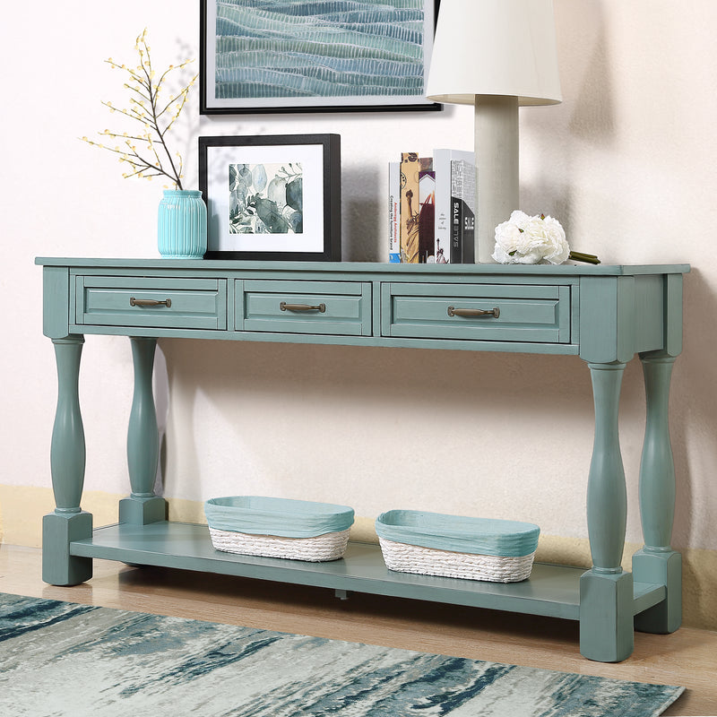 Supfirm 63inch Long Wood Console Table with 3 Drawers and 1 Bottom Shelf for Entryway Hallway Easy Assembly Extra-thick Sofa Table ( Retro Blue)