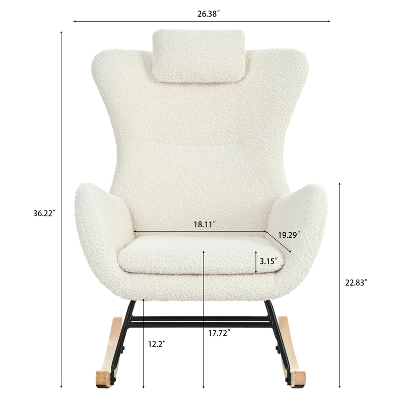 Supfirm Rocking Chair Nursery, Teddy Upholstered Rocker Glider Chair with High Backrest, Adjustable Headrest & Pocket, Comfy Glider Chair for Nursery, Bedroom, Living Room, Offices, Rubber wood, white