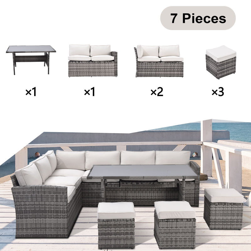 Supfirm Outdoor Patio Furniture Set,7 Pieces Outdoor Sectional Conversation Sofa with Dining Table,Chairs and Ottomans,All Weather PE Rattan and Steel Frame,With Backrest and Removable Cushions(Grey+Beige)