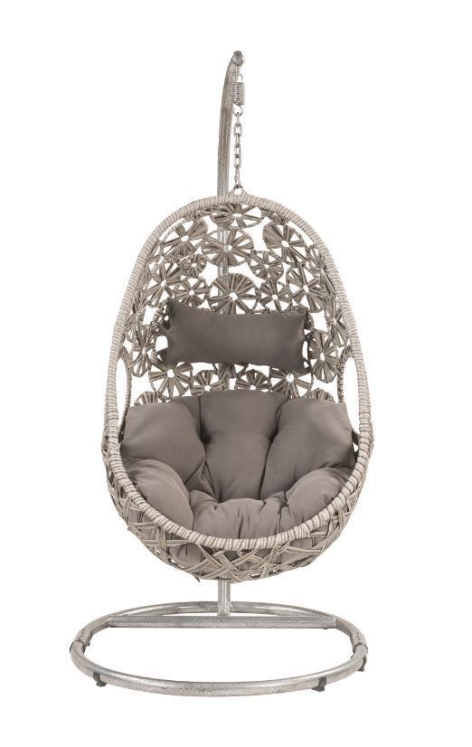 Supfirm ACME Sigar Patio Hanging Chair with Stand, Light Gray Fabric & Wicker 45107