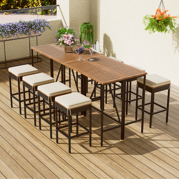 Supfirm GO 10-Piece Outdoor Acacia Wood Bar Height Table And Eight Stools With Cushions, Garden PE Rattan Wicker Dining Table, Foldable Tabletop, High-Dining Bistro Set, All-Weather Patio Furniture, Brown