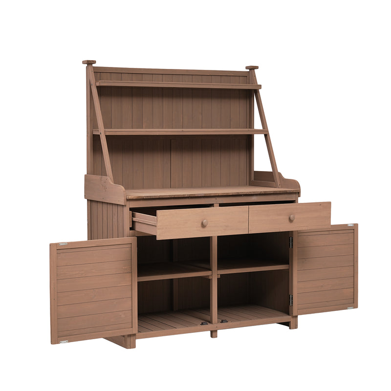 Supfirm TOPMAX 65inch Garden Potting Bench Table, Fir Wood Workstation with Storage Shelf, Drawer and Cabinet, Brown