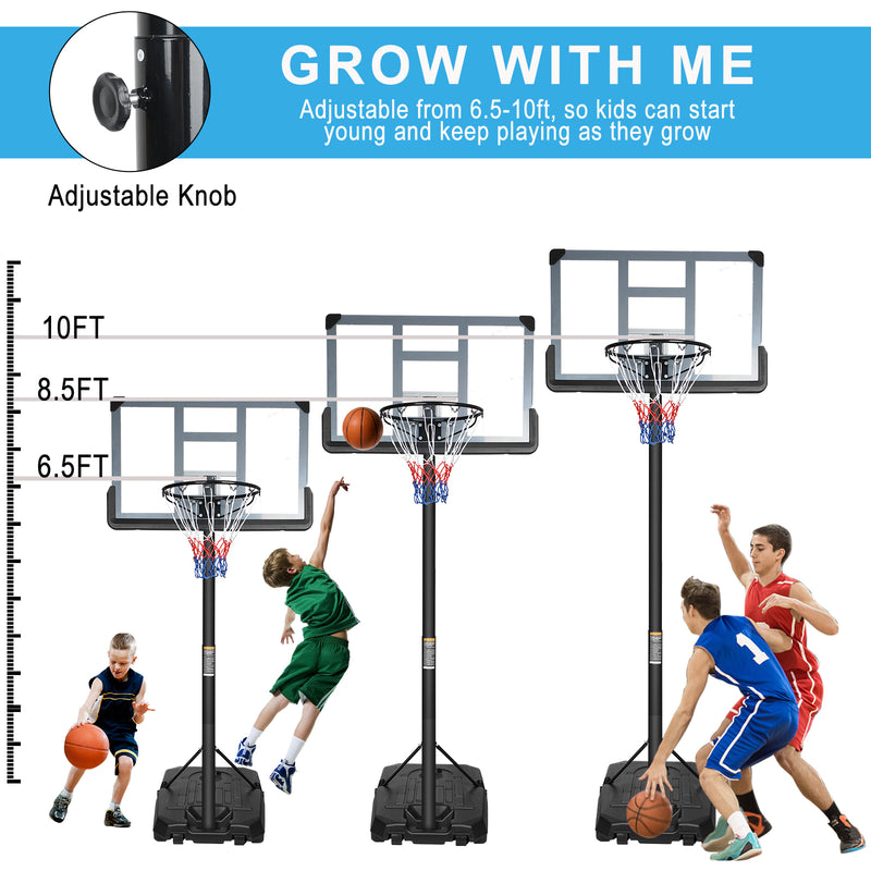 Supfirm Portable Basketball Hoop Backboard System Stand Height Adjustable 6.6ft - 10ft with 44 Inch Backboard and Wheels for Adults Teens Outdoor Indoor Basketball Goal Game Play Set