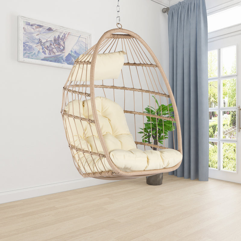 Supfirm Outdoor Garden Rattan Egg Swing Chair Hanging Chair Wood+Khaki