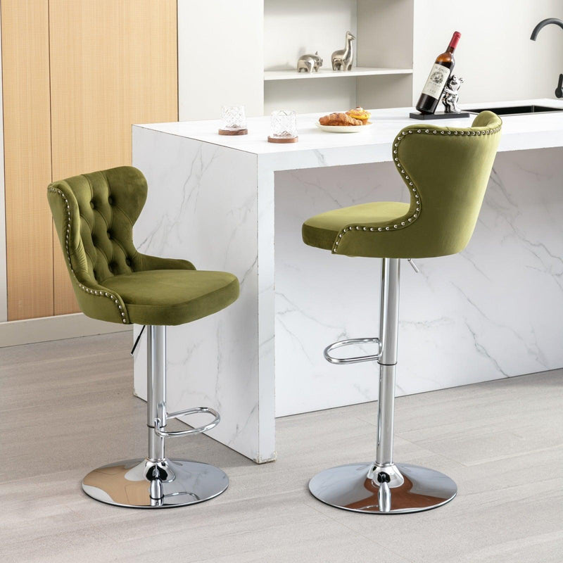 Swivel Velvet Barstools Adjusatble Seat Height from 25-33 Inch, Modern Upholstered Chrome base Bar Stools with Backs Comfortable Tufted for Home Pub and Kitchen Island,Olive-Green, SW1844OL,Set of 2 - Supfirm
