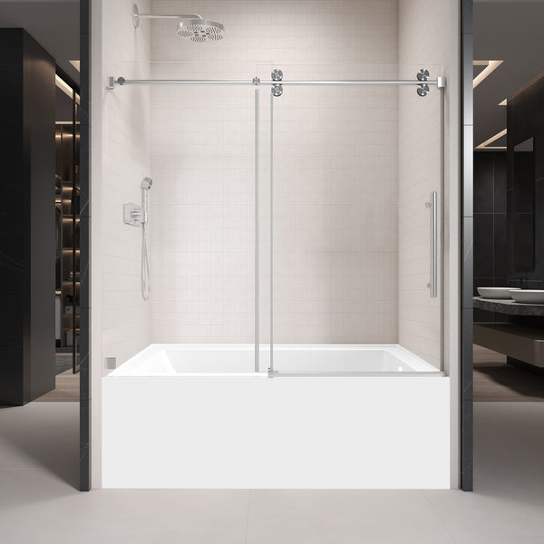 Supfirm 56'' - 60'' W x 60'' H Single Sliding Frameless Tub Shower Door With 3/8 Inch (10mm) Clear Glass in Brushed Nickel
