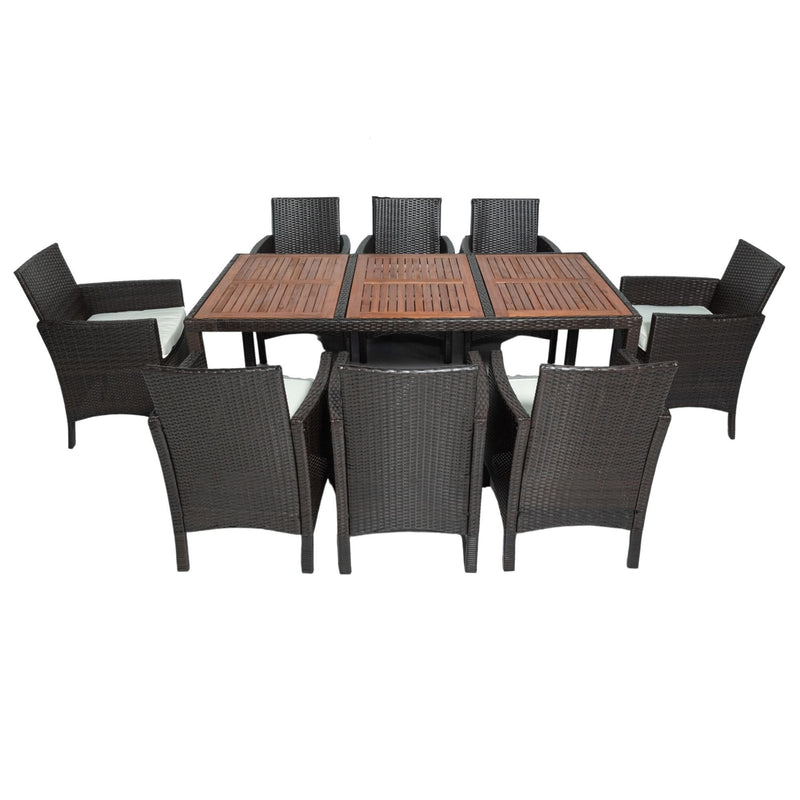 Supfirm 9 Piece Outdoor Patio Wicker Dining Set Patio Wicker Furniture Dining Set With Acacia Wood Top Brown Wicker + Crème Cushion