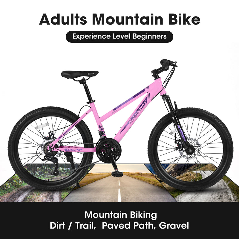 Supfirm S26103  26 inch Mountain Bike for Teenagers Girls Women,  21 Speeds with Dual Disc Brakes and 100mm Front Suspension, White/Pink