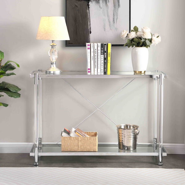 Supfirm 43.31'' Chrome Glass Sofa Table, Acrylic Side Table, Console Table for Living Room& Bedroom