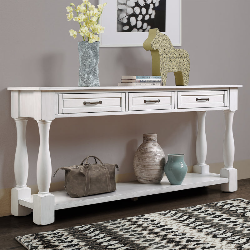 Supfirm 63inch Long Wood Console Table with 3 Drawers and 1 Bottom Shelf for Entryway Hallway Easy Assembly Extra-thick Sofa Table (Antique White)