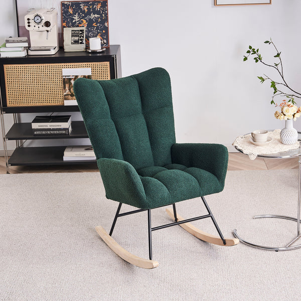 Supfirm Rocking Chair Nursery, Solid Wood Legs Reading Chair with Teddy Fabric Upholstered , Nap Armchair for Living Rooms, Bedrooms, Offices, Best Gift,Emerald Teddy fabric