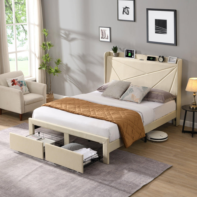 Queen Size Bed Frame with 2 Storage Drawers, Upholstered Bed Frame with Wingback Headboard Storage Shelf Built-in USB Charging Stations and Strong Wood Slats Support, No Box Spring Needed, Beige - Supfirm