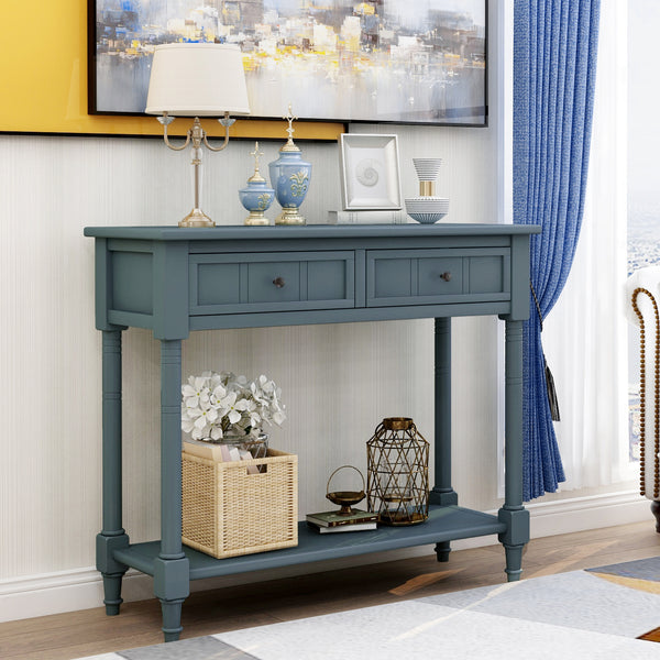 Supfirm TREXM Daisy Series Console Table Traditional Design with Two Drawers and Bottom Shelf (Navy)