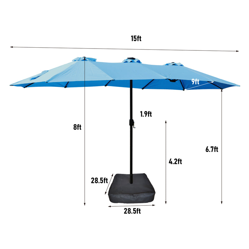 Supfirm 15x9ft Large Double-Sided Rectangular Outdoor Twin Patio Market Umbrella with light and base- blue