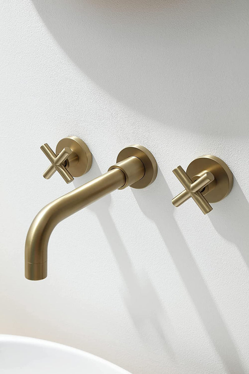 Supfirm Double Handle Wall Mount Bathroom Faucet Brushed Gold