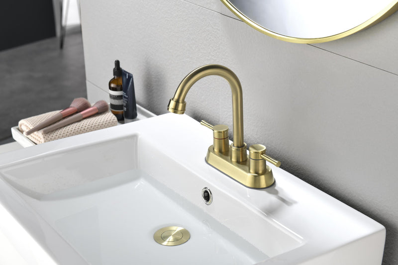 Supfirm 4 Inch 2 Handle Centerset  gold Lead-Free Bathroom Faucet, with Copper Pop Up Drain and 2 Water Supply Lines