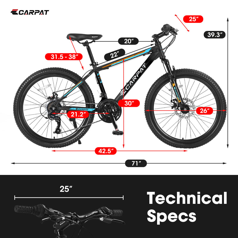 Supfirm S26102 26 Inch Mountain Bike,  21 Speeds with Mechanical Disc Brakes, High-Carbon Steel Frame, Suspension MTB Bikes Mountain Bicycle for Adult & Teenagers
