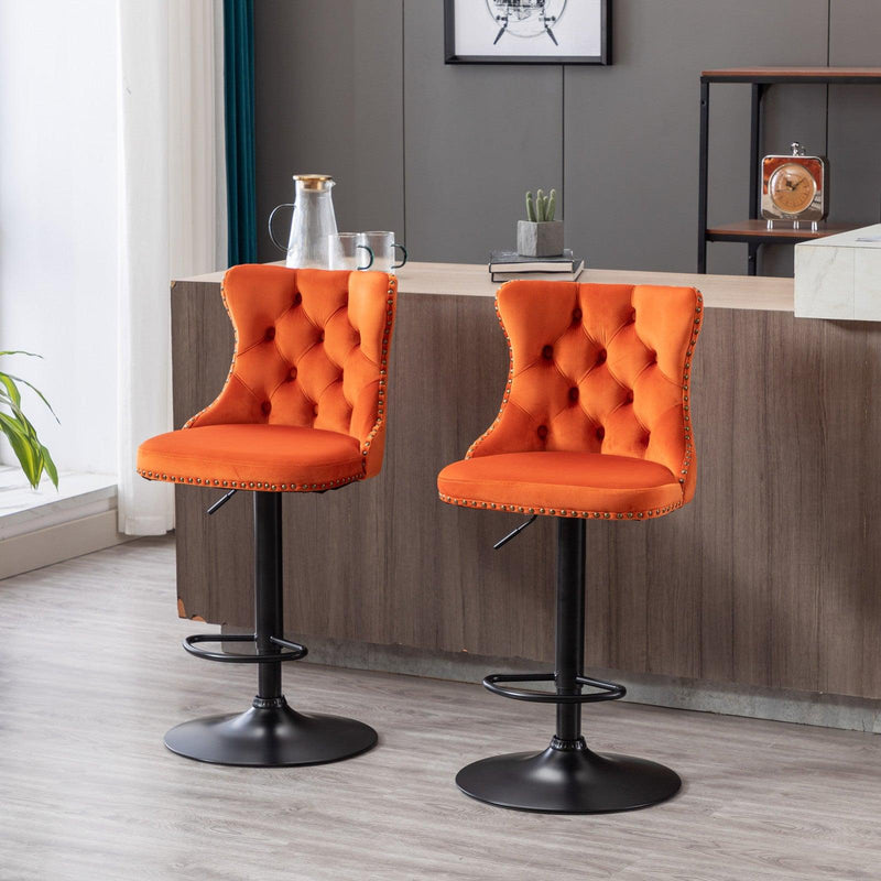 A&A Furniture,Swivel Velvet Barstools Adjusatble Seat Height from 25-33 Inch,17.7inch base, Modern Upholstered Bar Stools with Backs Comfortable Tufted for Home Pub and Kitchen Island,Orange,Set of 2 - Supfirm