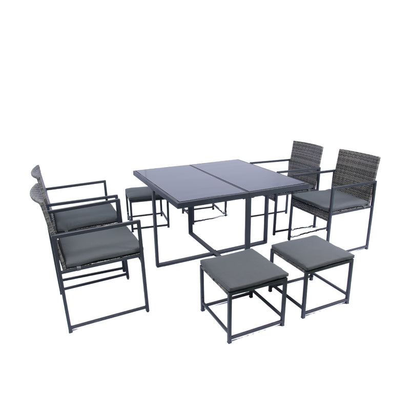 Supfirm 9 Pieces Patio Dining Sets Outdoor Space Saving Rattan Chairs with Glass Table Top Grey Wicker + Dark Grey Cushion