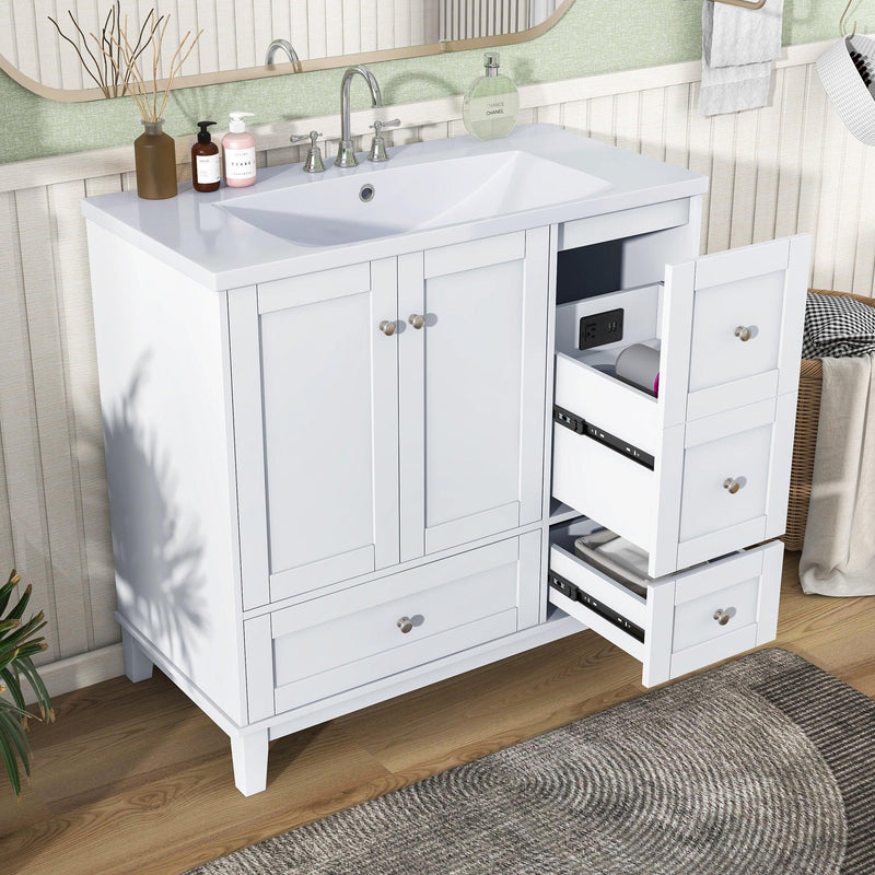 Supfirm 36 Inch Modern Bathroom Vanity with USB Charging, Two Doors and Three Drawers Bathroom Storage Vanity Cabinet, Small Bathroom Vanity cabinet with single sink , White & Gray Blue - Faucets Not Included - Supfirm