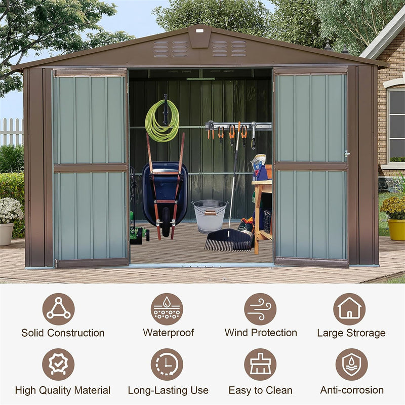 Supfirm Outdoor Storage Shed 10'x8', Metal Tool Sheds Storage House with Lockable Double Door,Large Bike Shed Waterproof for Garden,Backyard,Lawn(Brown)