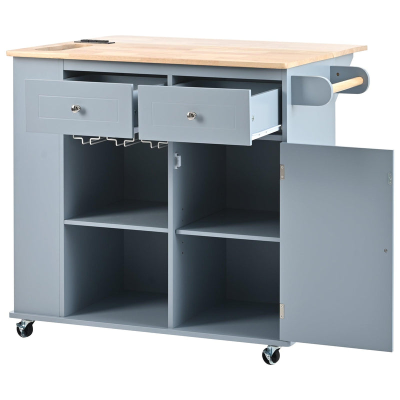 Kitchen Island with Power Outlet,Kitchen Storage Island with Drop Leaf and Rubber Wood,Open Storage and Wine Cubbies Rack,5 Wheels,with Adjustable Storage for Home, Kitchen, and Dining Room, Grey Blue - Supfirm