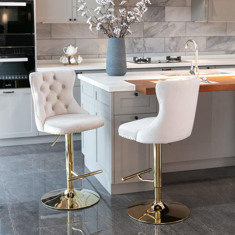 A&A Furniture,Golden Swivel Velvet Barstools Adjusatble Seat Height from 25-33 Inch, Modern Upholstered Bar Stools with Backs Comfortable Tufted for Home Pub and Kitchen Island（Beige,Set of 2） - Supfirm