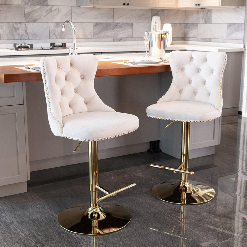 A&A Furniture,Golden Swivel Velvet Barstools Adjusatble Seat Height from 25-33 Inch, Modern Upholstered Bar Stools with Backs Comfortable Tufted for Home Pub and Kitchen Island（Beige,Set of 2） - Supfirm