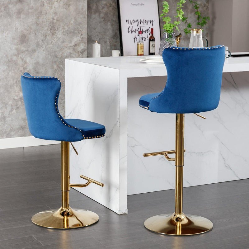 A&A Furniture,Golden Swivel Velvet Barstools Adjusatble Seat Height from 25-33 Inch, Modern Upholstered Bar Stools with Backs Comfortable Tufted for Home Pub and Kitchen Island,Blue,Set of 2 - Supfirm