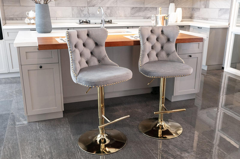 A&A Furniture,Golden Swivel Velvet Barstools Adjusatble Seat Height from 25-33 Inch, Modern Upholstered Bar Stools with Backs Comfortable Tufted for Home Pub and Kitchen Island（Gray,Set of 2） - Supfirm