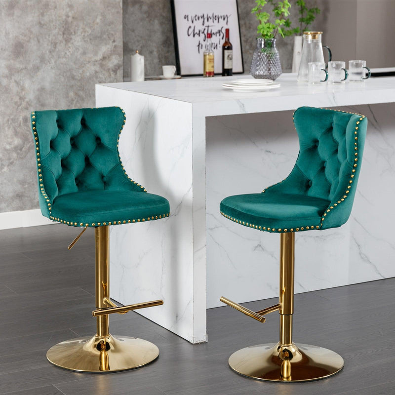 A&A Furniture,Golden Swivel Velvet Barstools Adjusatble Seat Height from 25-33 Inch, Modern Upholstered Bar Stools with Backs Comfortable Tufted for Home Pub and Kitchen Island（Green,Set of 2） - Supfirm