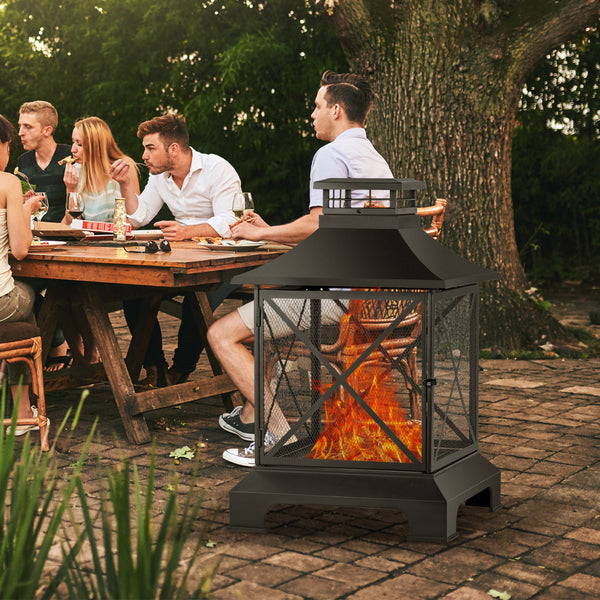 Supfirm 24" Pagoda-Style Steel Wood-Burning Fire Pit with Log Grate and Poker - Black High-Temperature Paint Finish