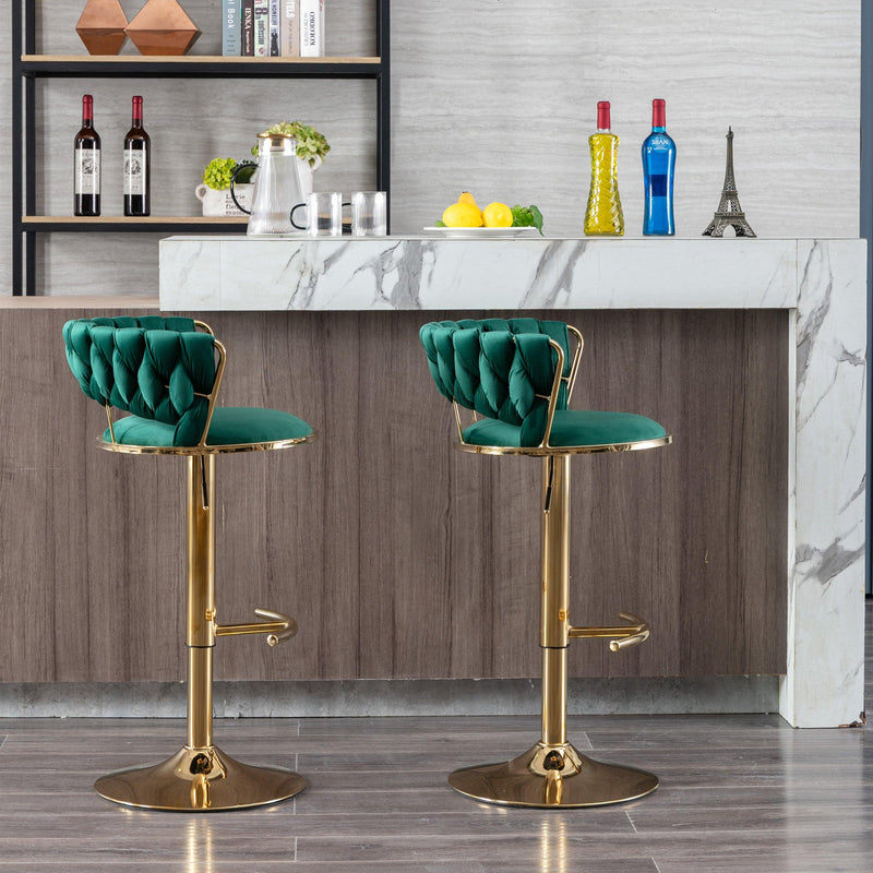 Set of 2 Bar Kitchen Stools Seat,with Chrome Footrest and Base Swivel Height Adjustable Mechanical Lifting Velvet + Golden Leg Simple Bar Stool-Green - Supfirm