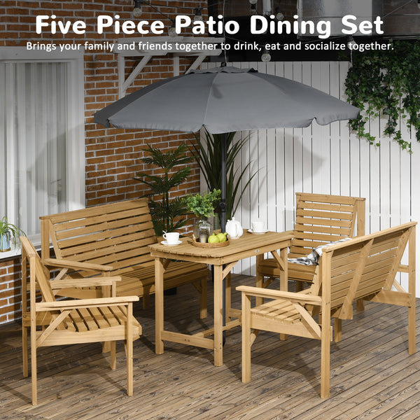 Supfirm 5 Piece Wooden Patio Dining Set for 6, Outdoor Conversation Set with 2 Armchairs, 2 Loveseats, and Dining Table with Umbrella Hole for Backyard, Garden, Light Brown