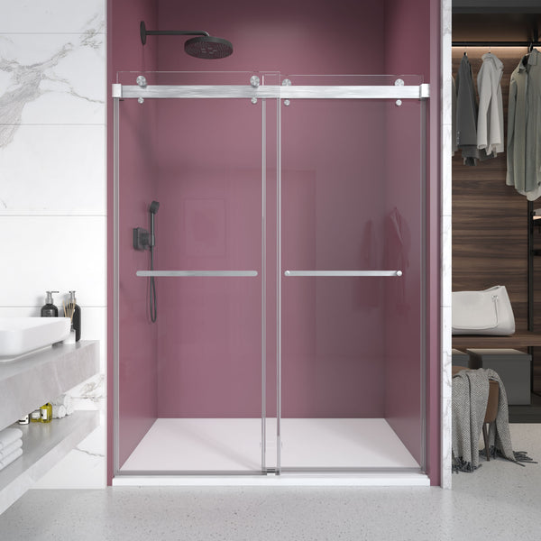 Supfirm 56'' - 60'' W x 76'' H Double Sliding Frameless Shower Door With 3/8 Inch (10mm) Clear Glass in Brushed Nickel