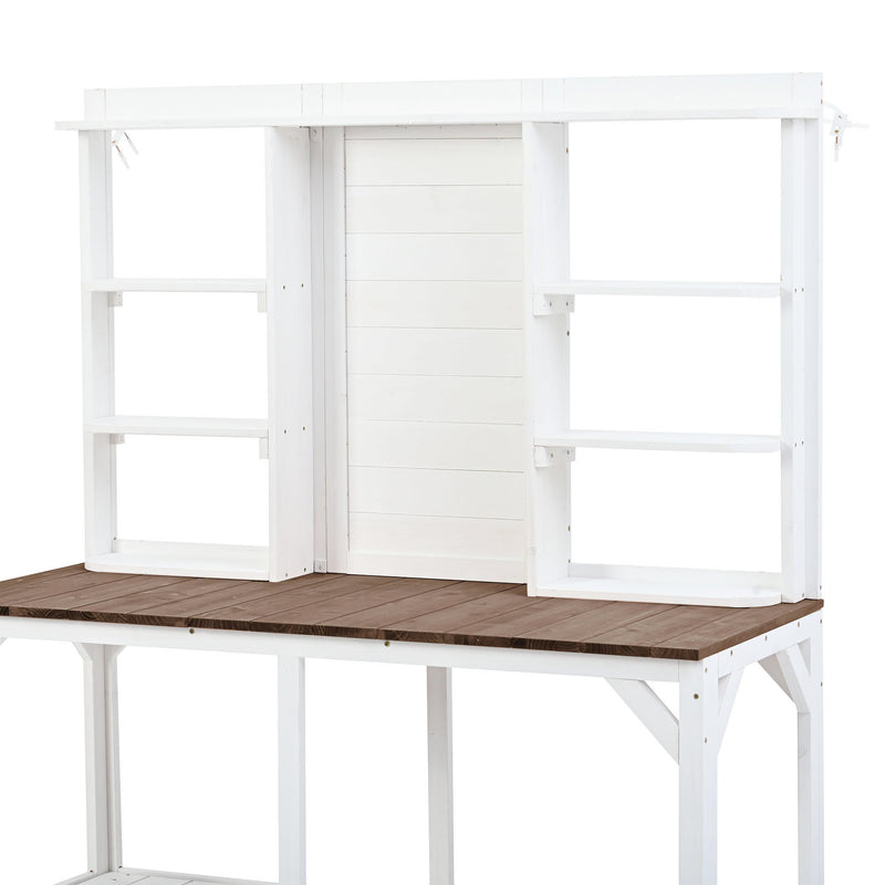 Supfirm TOPMAX 64.6" Large Outdoor Potting Bench, Garden Potting Table, Wood Workstation with 6-Tier Shelves, Large Tabletop and Side Hook for Mudroom, Backyard,White