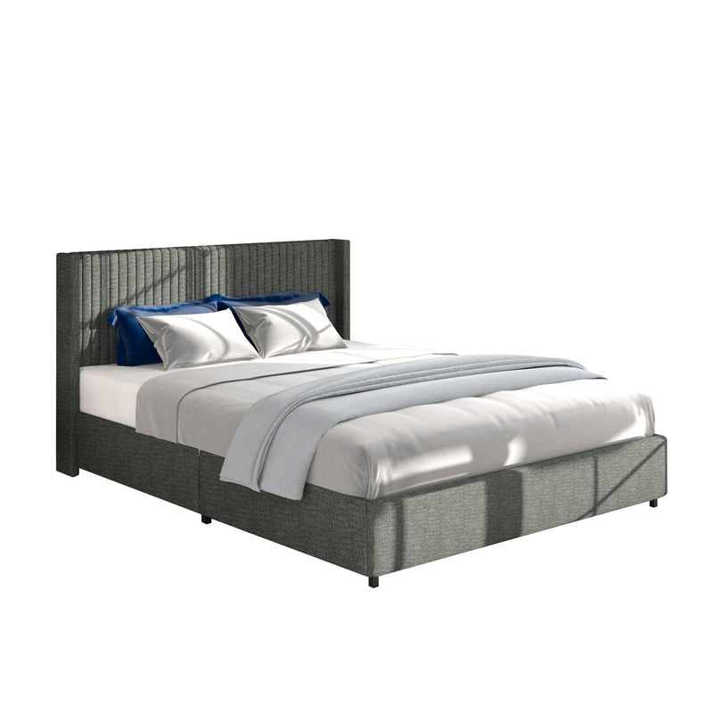 Anna Full Size Gray Linen Upholstered Wingback Platform Bed with Patented 4 Drawers Storage, Modern Design Headboard with Tight Channel, Wooden Slat Mattress Support No Box Spring Needed - Supfirm
