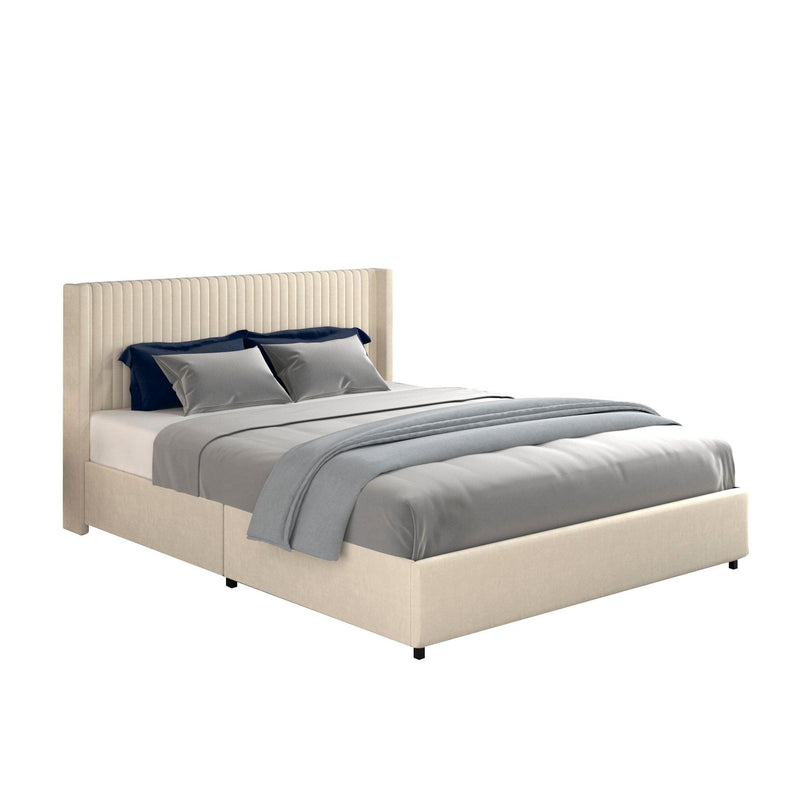 Anna Queen Size Ivory Velvet Upholstered Wingback Platform Bed with Patented 4 Drawers Storage, Modern Design Headboard with Tight Channel, Wooden Slat Mattress Support No Box Spring Needed - Supfirm