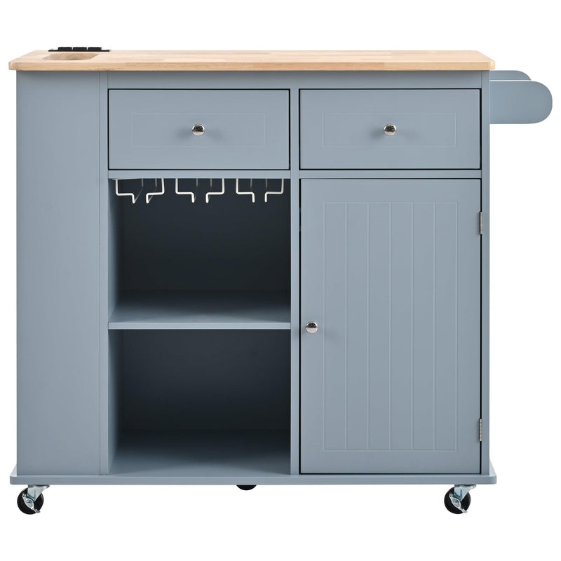 Kitchen Island with Power Outlet,Kitchen Storage Island with Drop Leaf and Rubber Wood,Open Storage and Wine Cubbies Rack,5 Wheels,with Adjustable Storage for Home, Kitchen, and Dining Room, Grey Blue - Supfirm