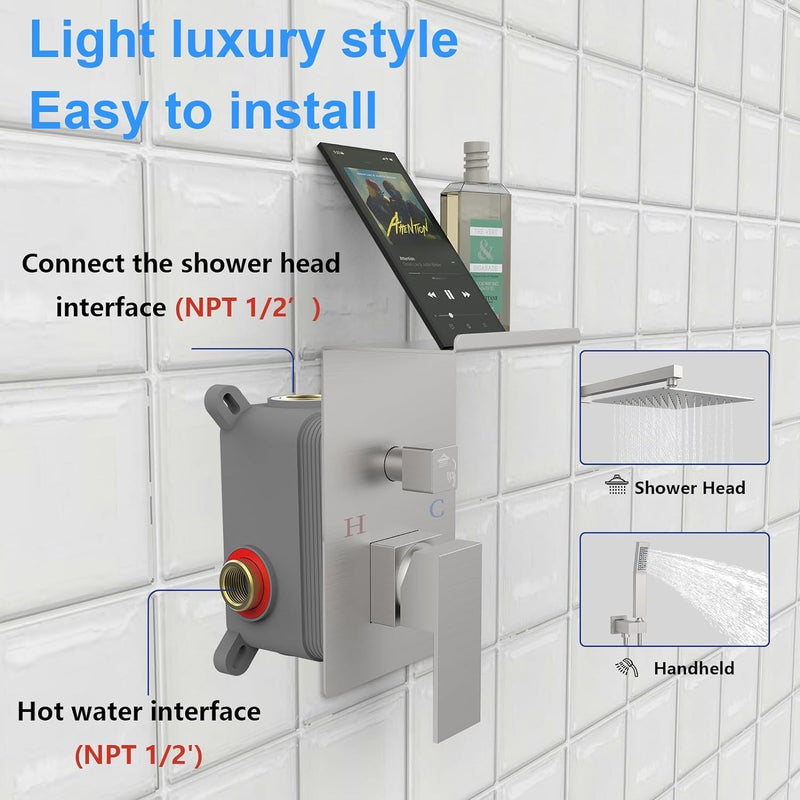 Supfirm Rainfall Shower System With Storage Rack 10 inch Shower Faucet Set Brushed Nickel with High Pressure with Square Shower Head Luxury Shower Set Wall Mount